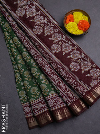 Semi maheshwari cotton saree green and deep maroon with floral butta prints and zari woven border