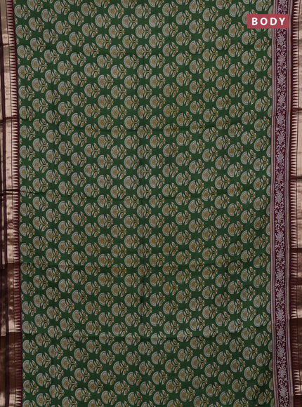 Semi maheshwari cotton saree green and deep maroon with floral butta prints and zari woven border