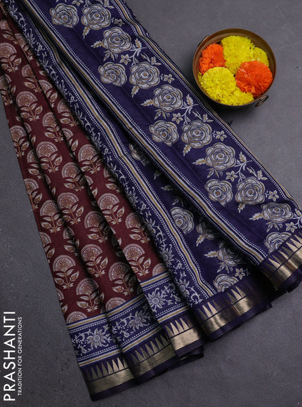 Semi maheshwari cotton saree deep maroon and blue with floral butta prints and zari woven border