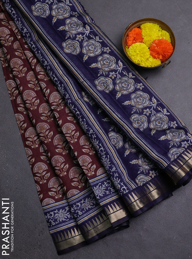 Semi maheshwari cotton saree deep maroon and blue with floral butta prints and zari woven border