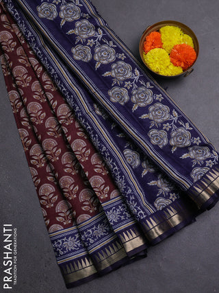 Semi maheshwari cotton saree deep maroon and blue with floral butta prints and zari woven border