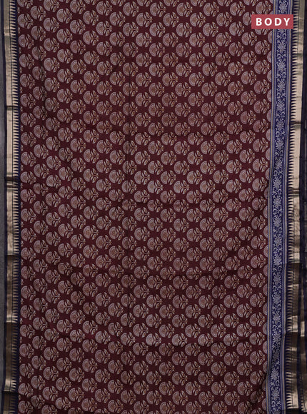 Semi maheshwari cotton saree deep maroon and blue with floral butta prints and zari woven border