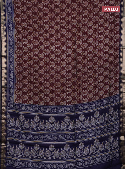 Semi maheshwari cotton saree deep maroon and blue with floral butta prints and zari woven border