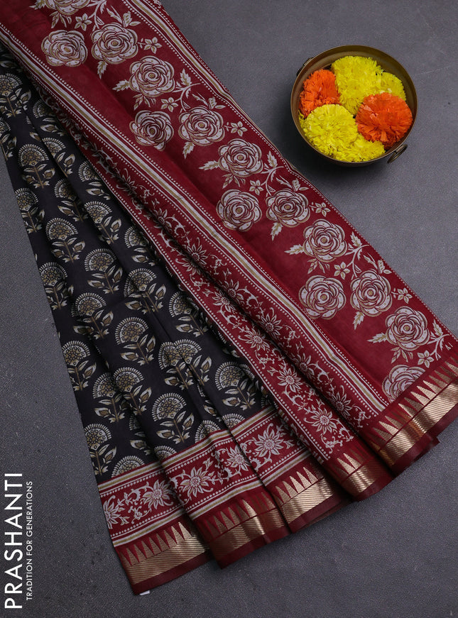 Semi maheshwari cotton saree black and maroon with floral butta prints and zari woven border