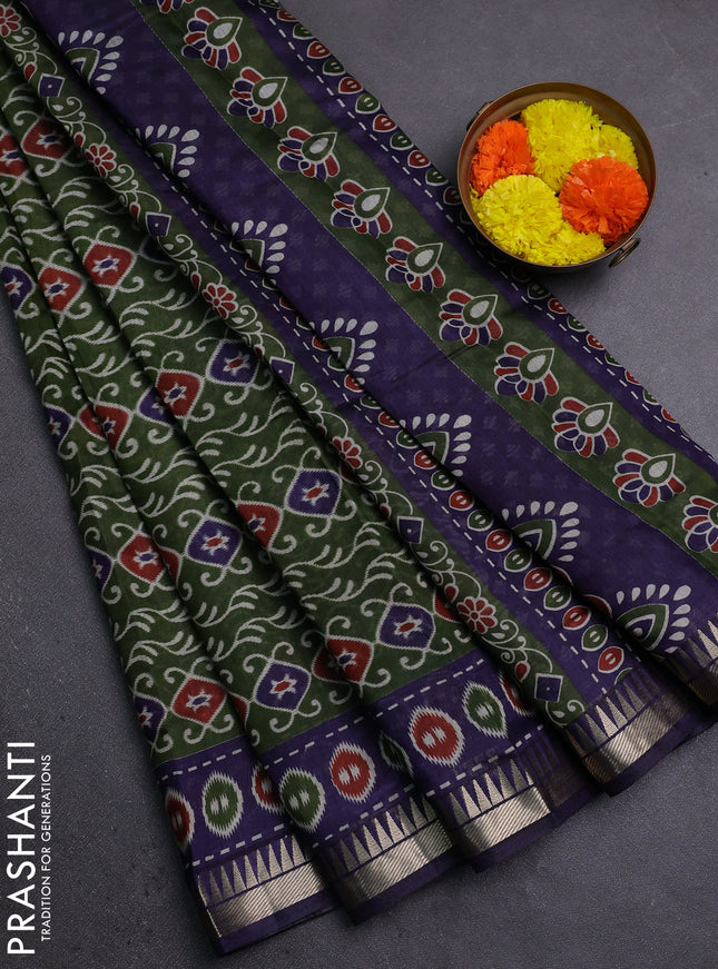 Semi maheshwari cotton saree sap green and navy blue with allover prints and zari woven border