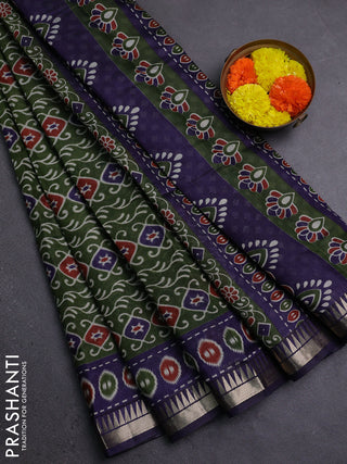 Semi maheshwari cotton saree sap green and navy blue with allover prints and zari woven border