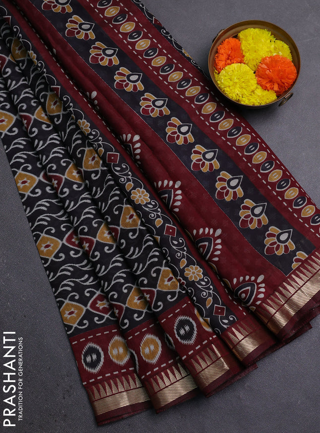 Semi maheshwari cotton saree black and maroon with allover prints and zari woven border