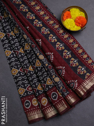 Semi maheshwari cotton saree black and maroon with allover prints and zari woven border