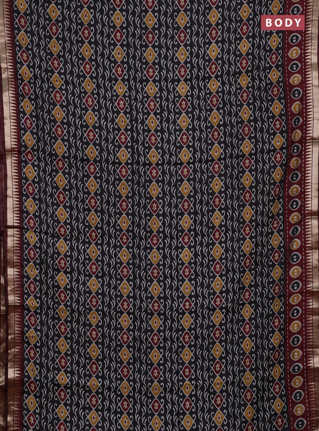 Semi maheshwari cotton saree black and maroon with allover prints and zari woven border
