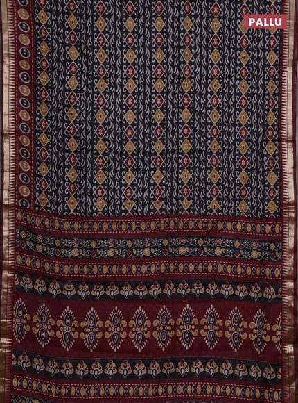 Semi maheshwari cotton saree black and maroon with allover prints and zari woven border