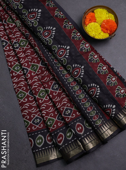 Semi maheshwari cotton saree maroon and black with allover prints and zari woven border
