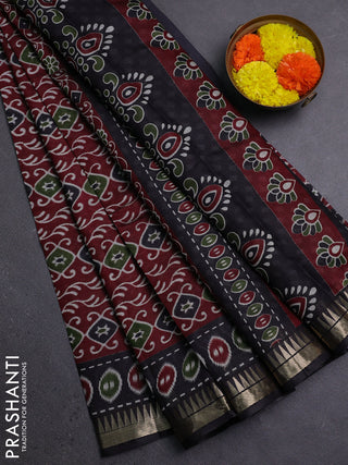 Semi maheshwari cotton saree maroon and black with allover prints and zari woven border