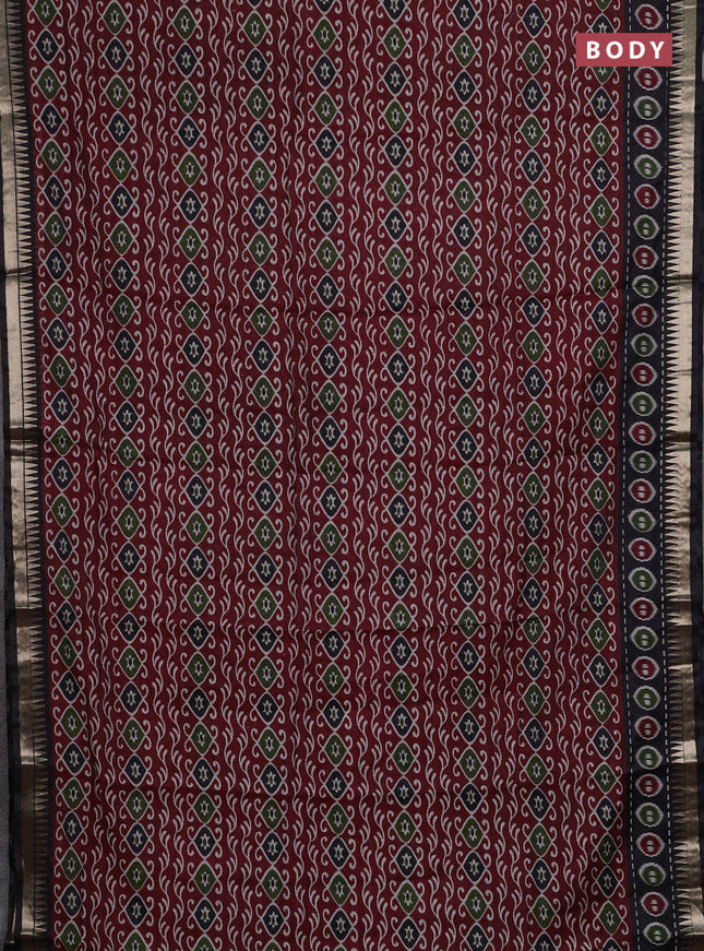 Semi maheshwari cotton saree maroon and black with allover prints and zari woven border