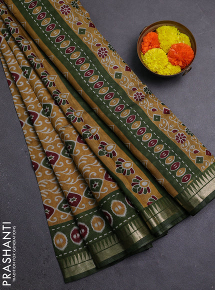 Semi maheshwari cotton saree mustard yellow and sap green with allover prints and zari woven border
