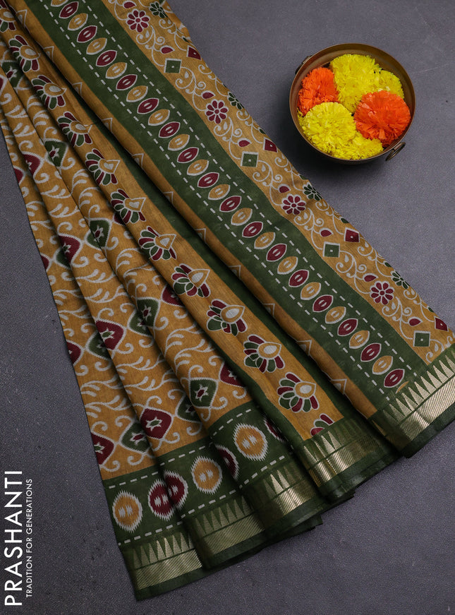 Semi maheshwari cotton saree mustard yellow and sap green with allover prints and zari woven border