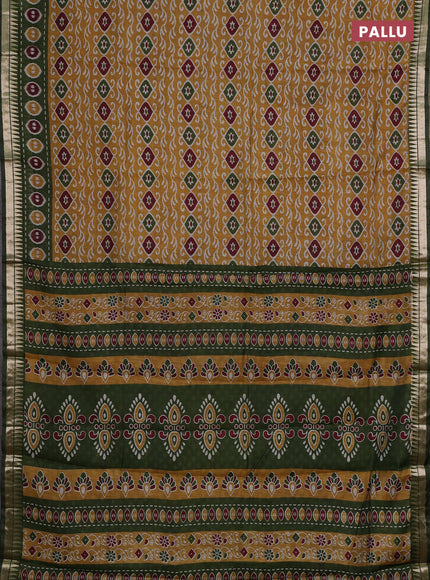 Semi maheshwari cotton saree mustard yellow and sap green with allover prints and zari woven border