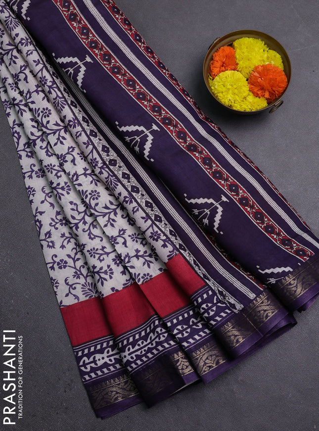 Semi maheshwari cotton saree off white and deep violet with allover prints and zari woven border