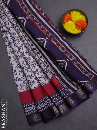 Semi maheshwari cotton saree off white and deep violet with allover prints and zari woven border