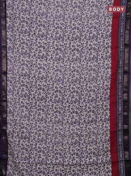 Semi maheshwari cotton saree off white and deep violet with allover prints and zari woven border