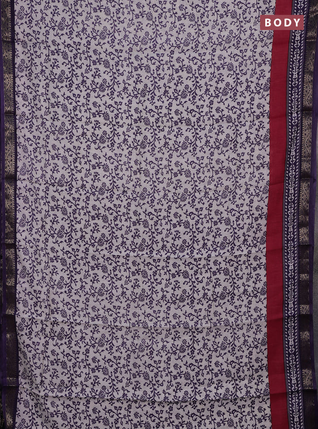 Semi maheshwari cotton saree off white and deep violet with allover prints and zari woven border