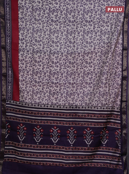 Semi maheshwari cotton saree off white and deep violet with allover prints and zari woven border