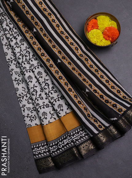 Semi maheshwari cotton saree off white and black with allover prints and zari woven border