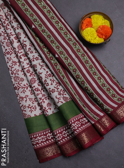 Semi maheshwari cotton saree off white and maroon with allover prints and zari woven border