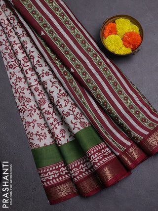 Semi maheshwari cotton saree off white and maroon with allover prints and zari woven border