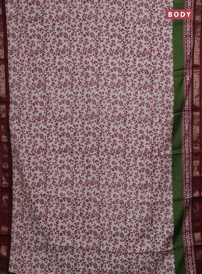 Semi maheshwari cotton saree off white and maroon with allover prints and zari woven border