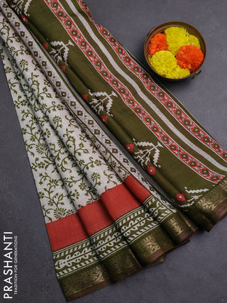 Semi maheshwari cotton saree off white and sap green with allover prints and zari woven border