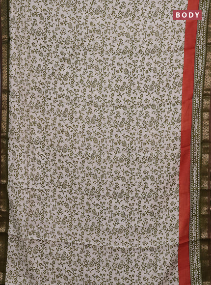 Semi maheshwari cotton saree off white and sap green with allover prints and zari woven border