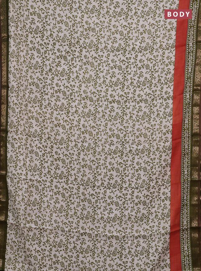 Semi maheshwari cotton saree off white and sap green with allover prints and zari woven border