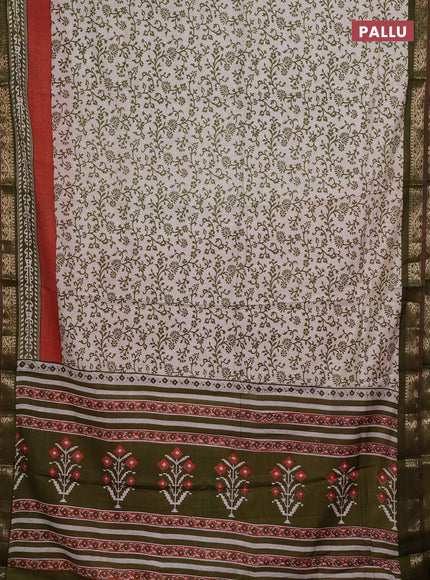 Semi maheshwari cotton saree off white and sap green with allover prints and zari woven border