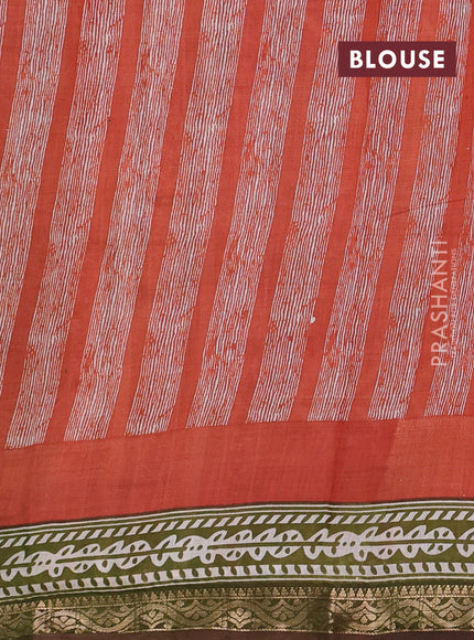 Semi maheshwari cotton saree off white and sap green with allover prints and zari woven border