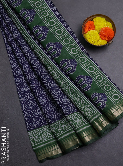 Semi maheshwari cotton saree navy blue and green with allover prints and zari woven border