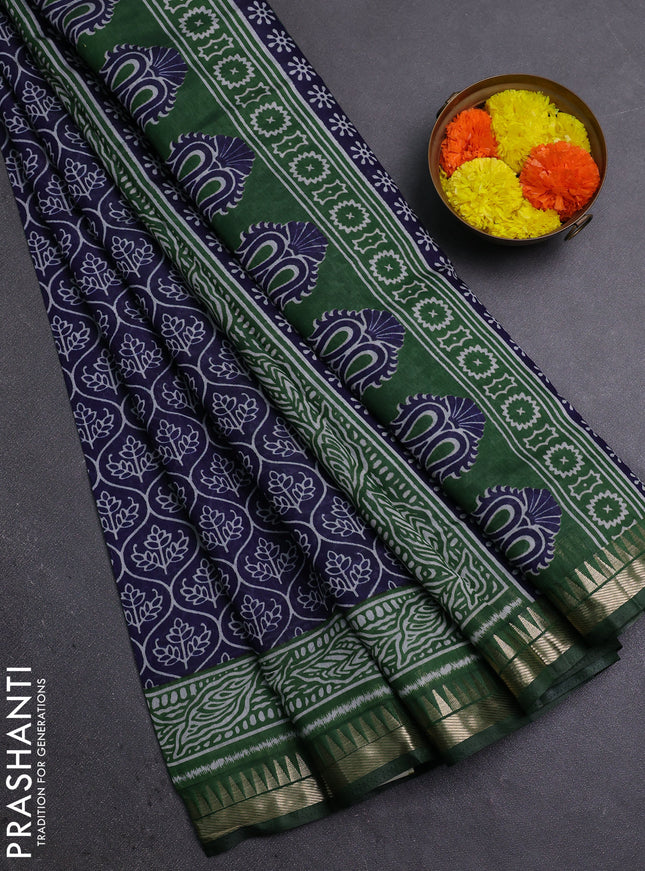 Semi maheshwari cotton saree navy blue and green with allover prints and zari woven border