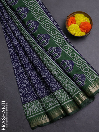 Semi maheshwari cotton saree navy blue and green with allover prints and zari woven border