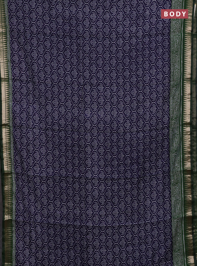 Semi maheshwari cotton saree navy blue and green with allover prints and zari woven border