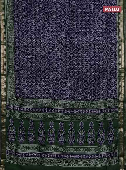 Semi maheshwari cotton saree navy blue and green with allover prints and zari woven border