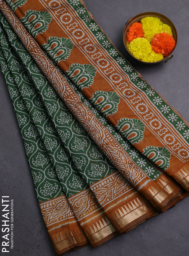 Semi maheshwari cotton saree green and mustard yellow with allover prints and zari woven border