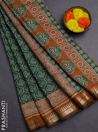 Semi maheshwari cotton saree green and mustard yellow with allover prints and zari woven border