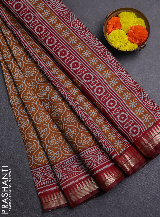 Semi maheshwari cotton saree mustard yellow and maroon with allover prints and zari woven border