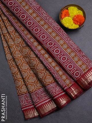 Semi maheshwari cotton saree mustard yellow and maroon with allover prints and zari woven border