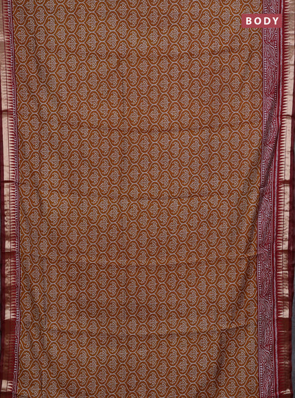 Semi maheshwari cotton saree mustard yellow and maroon with allover prints and zari woven border