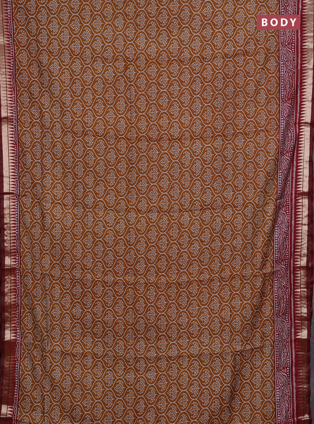 Semi maheshwari cotton saree mustard yellow and maroon with allover prints and zari woven border