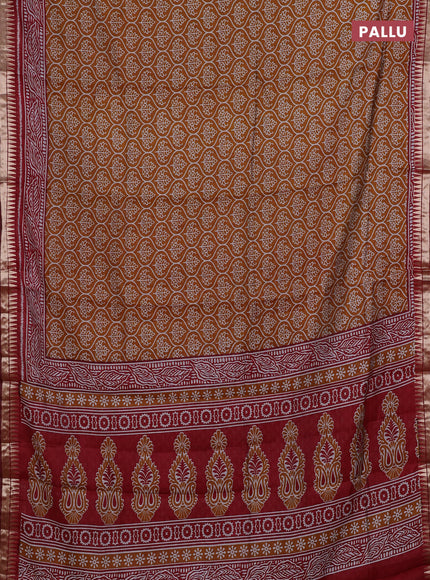 Semi maheshwari cotton saree mustard yellow and maroon with allover prints and zari woven border