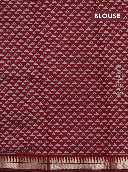 Semi maheshwari cotton saree mustard yellow and maroon with allover prints and zari woven border