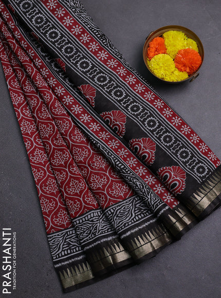 Semi maheshwari cotton saree maroon and black with allover prints and zari woven border