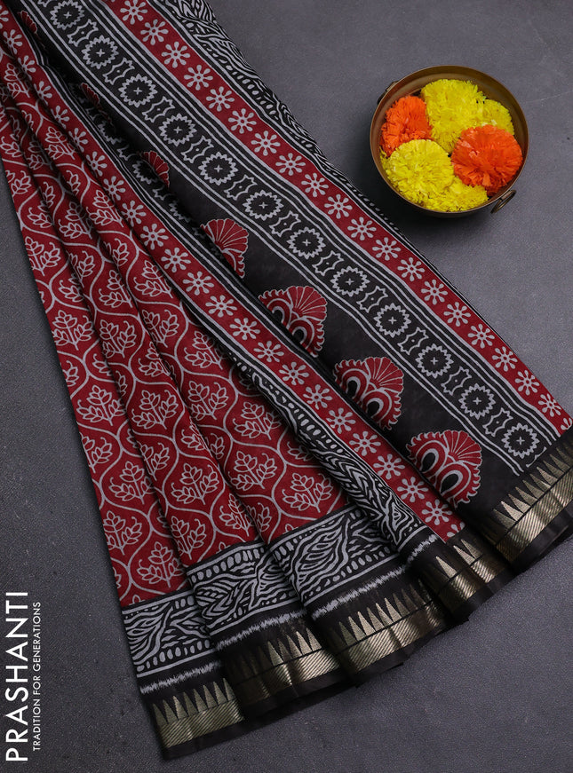 Semi maheshwari cotton saree maroon and black with allover prints and zari woven border