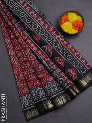 Semi maheshwari cotton saree maroon and black with allover prints and zari woven border